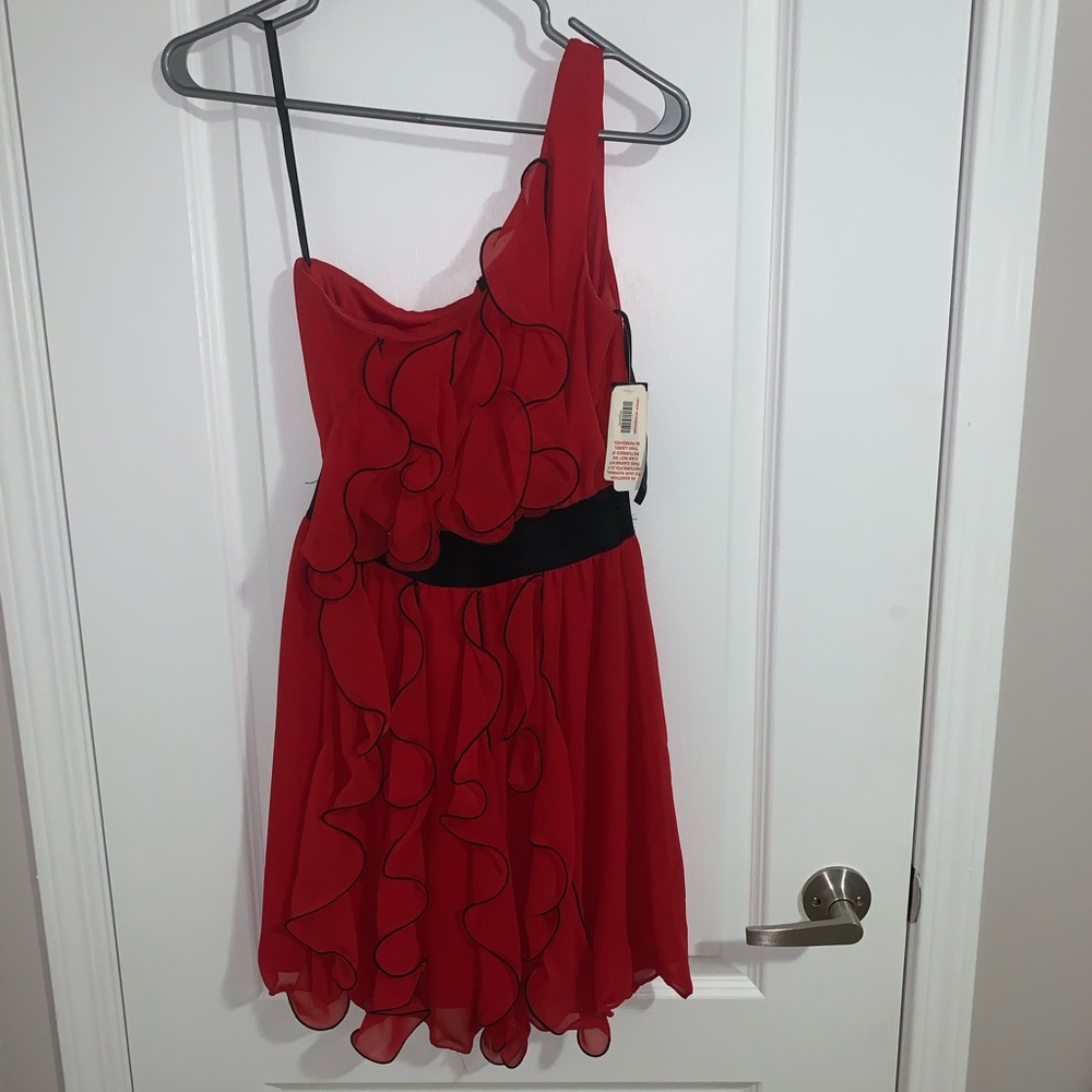 Red off the shoulder dress with ruffles